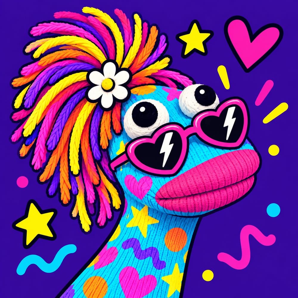 Bunte Sockenpuppe mit Herzchen-Sonnenbrille, Blume im Haar und Regenbogenmähne