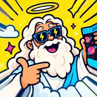 Gezeichneter Gott auf einer Wolke, mit Heiligenschein und Socke
