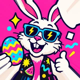 Gezeichneter Osterhase mit Sonnenbrille und buntem Osterei